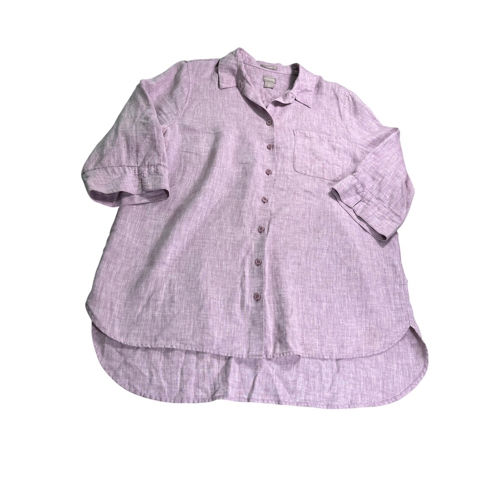 Chico's 3P No Iron 100 Linen Lavender Button Up Shirt Relaxed Coastal Chic